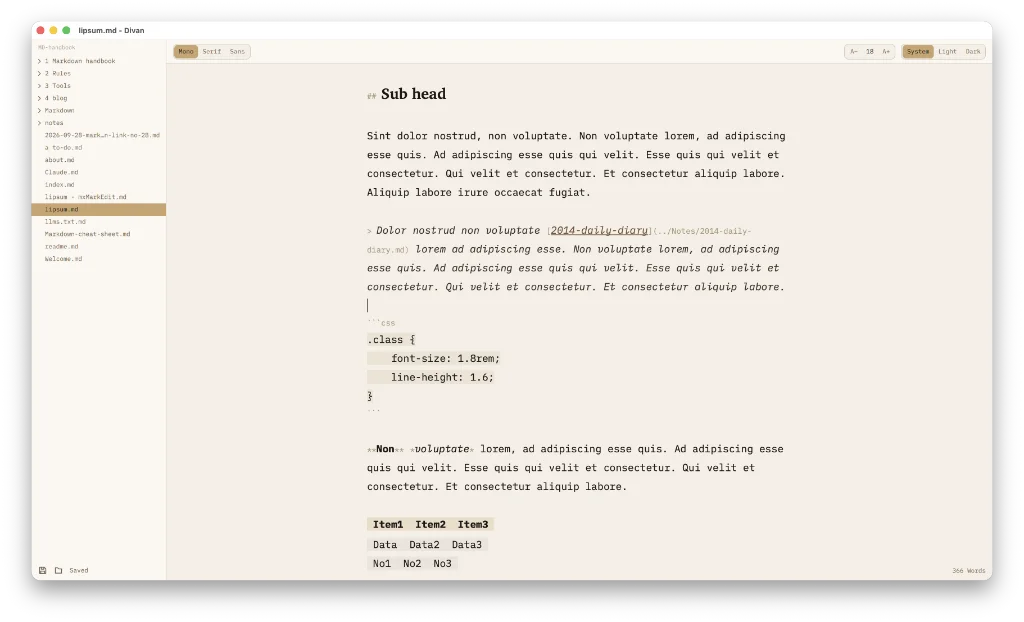 Divan is free writing software that majors in simplification