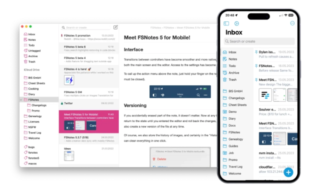 FSNotes offers iCloud synchronisation and is available for macOS and iOS