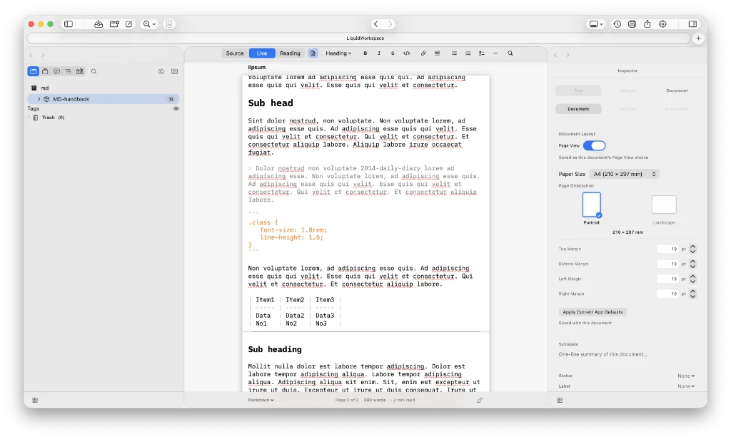LiquidWorkspace is a native macOS app for long-form writing