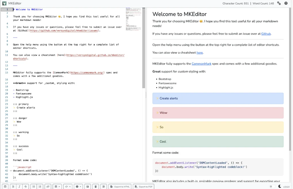MKeditor’s clean interface supports access to tables, code blocks and admonitions